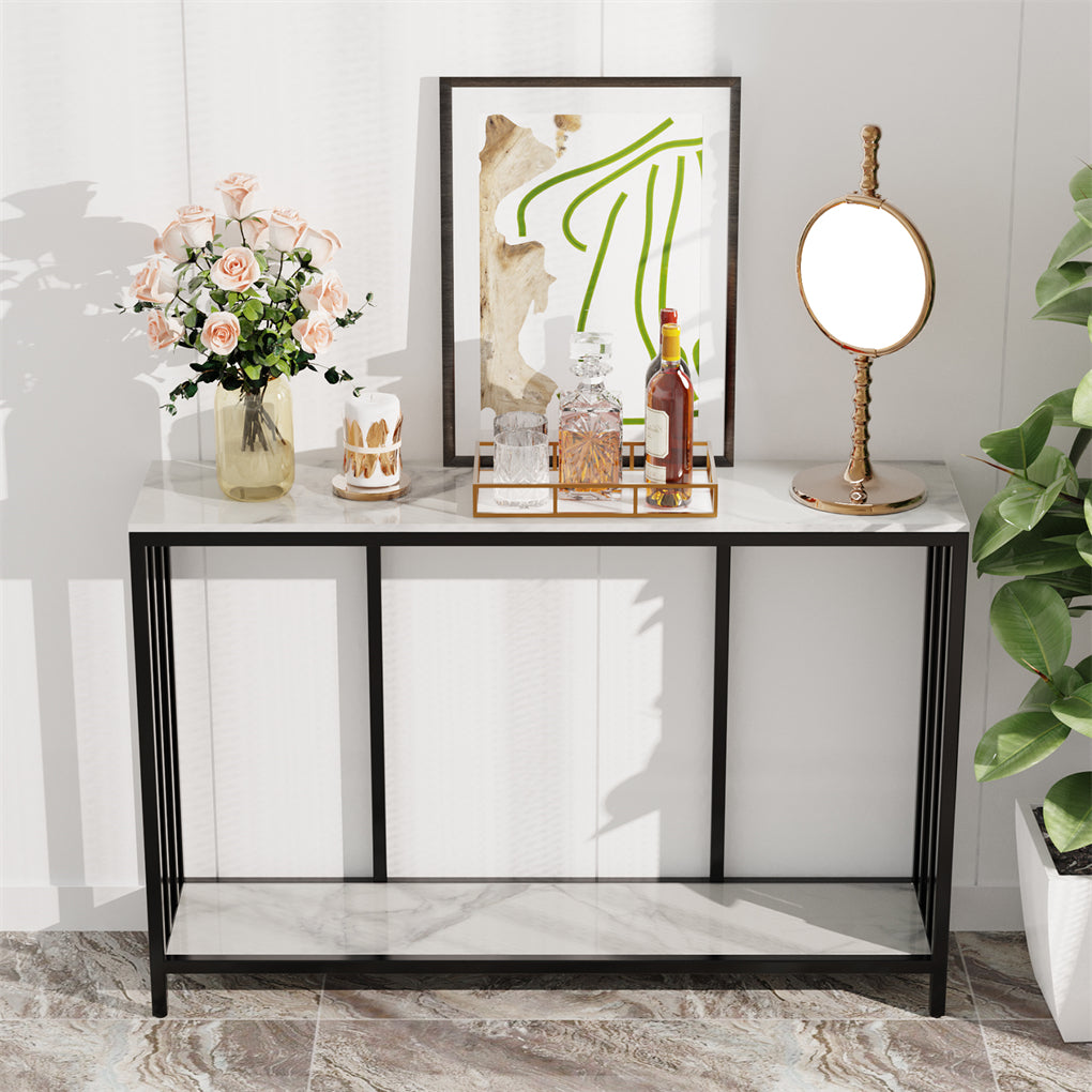 2Tier White Marble Entryway Console Table Extra Long Foyer Couch Table