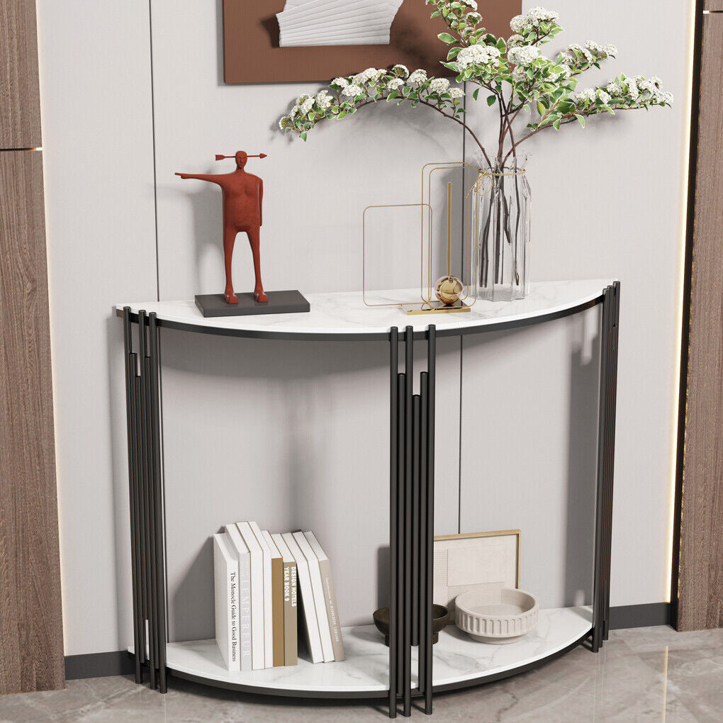 2 Tier Half Moon Console Table Marble Semi-Circle Entrance Hall Table