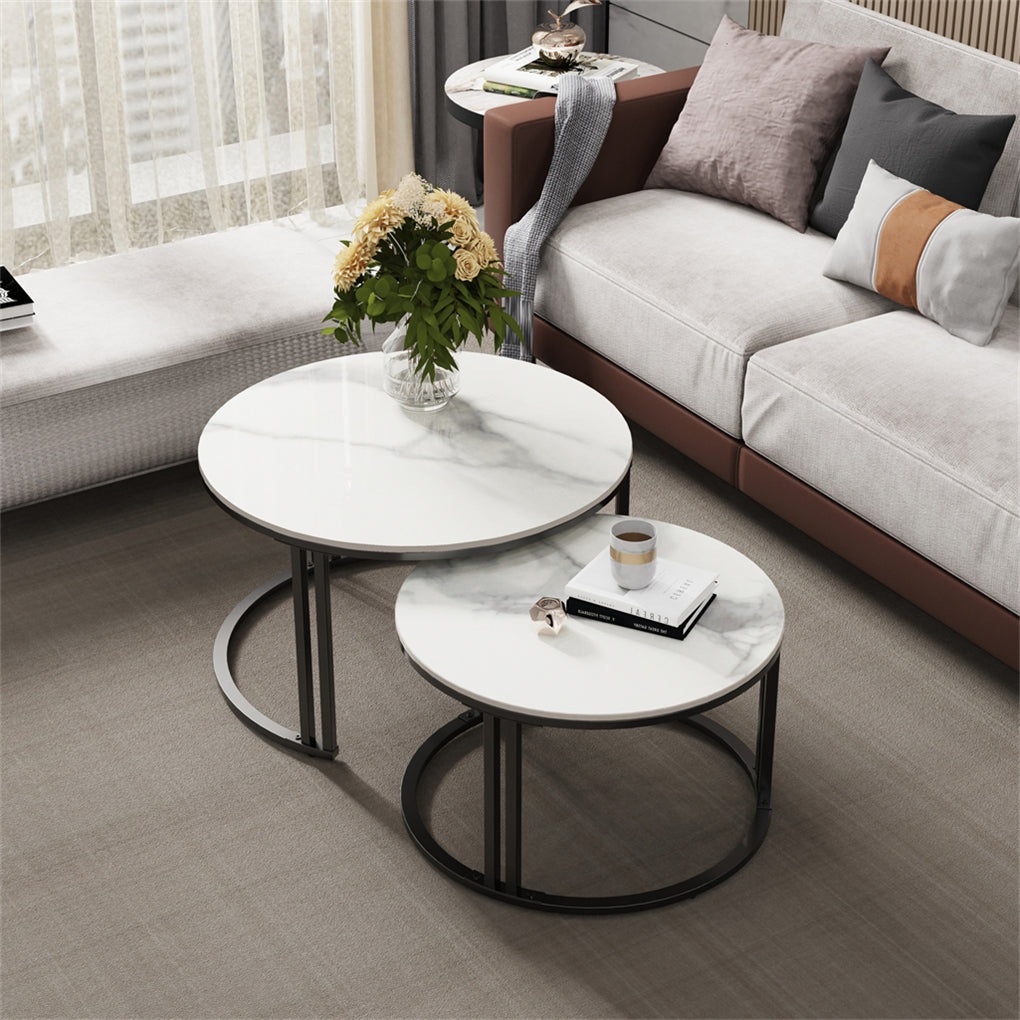 Real marble round nesting coffee table thick metal dual-support Frame