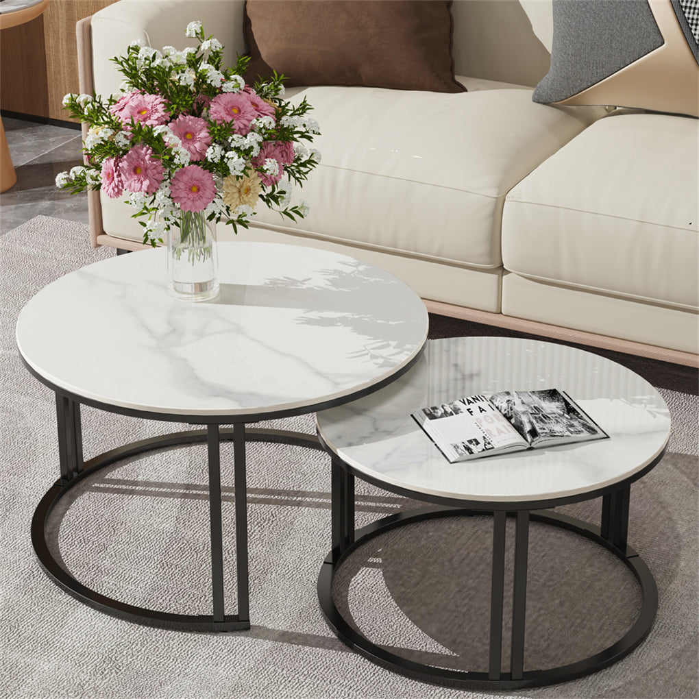 Real marble round nesting coffee table thick metal dual-support Frame