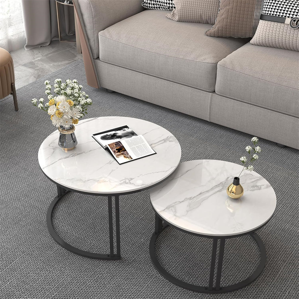 Real marble round nesting coffee table thick metal dual-support Frame