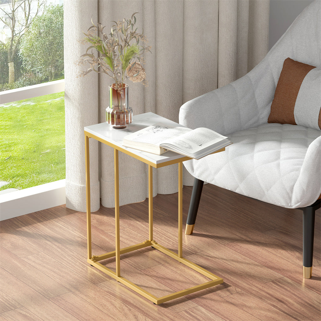 Solid Real Marble End Table Gold Metal C Shaped Frame Coffee Table
