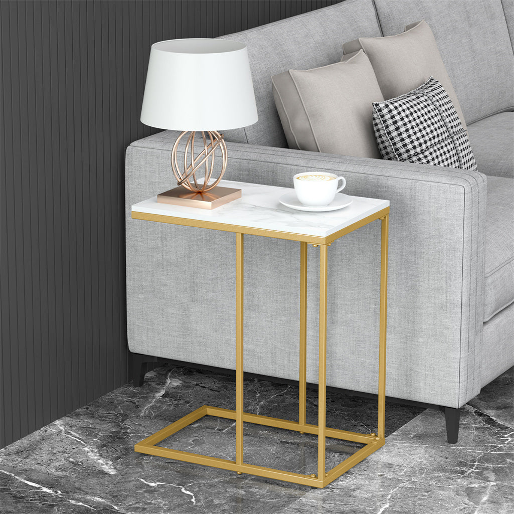 Solid Real Marble End Table Gold Metal C Shaped Frame Coffee Table