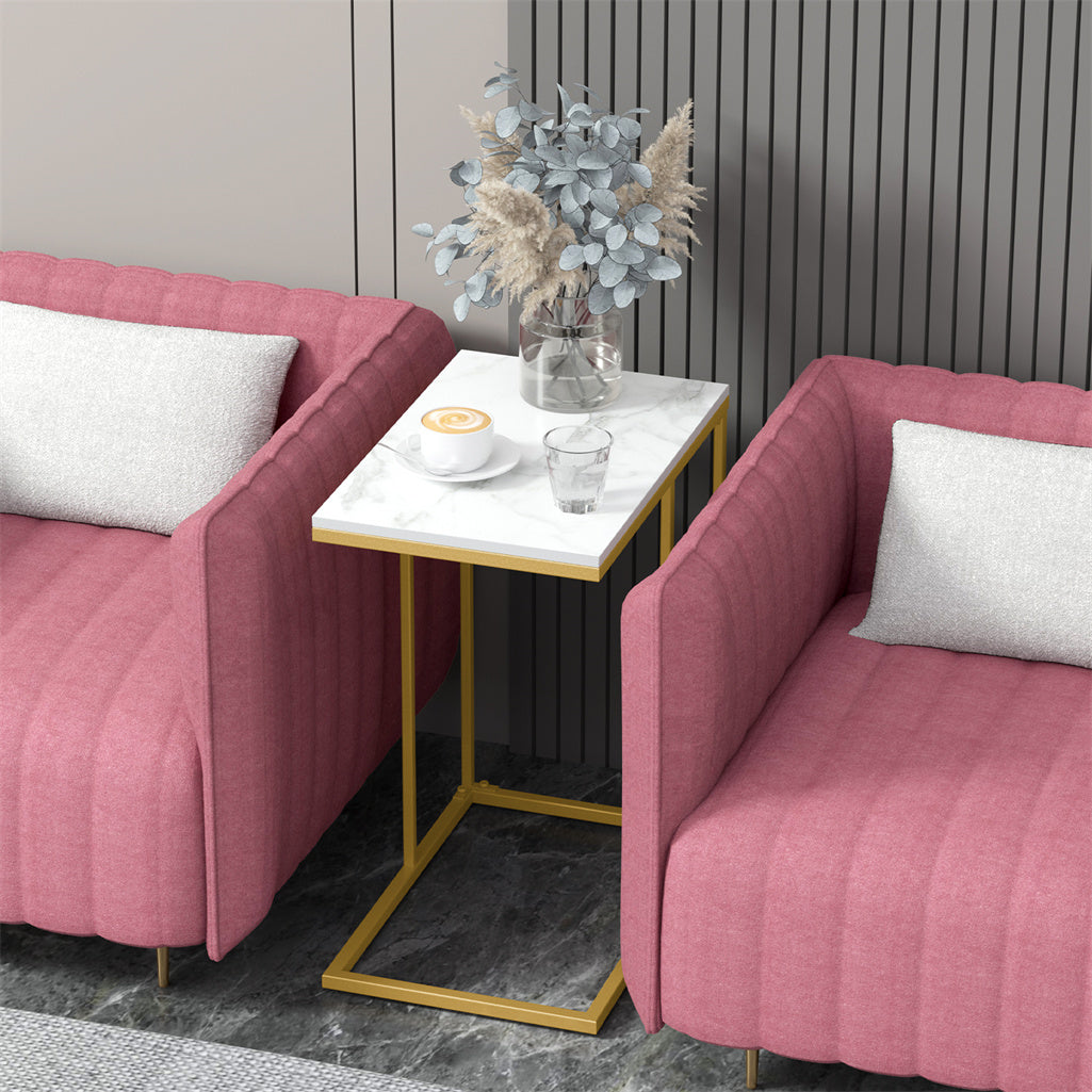 Solid Real Marble End Table Gold Metal C Shaped Frame Coffee Table