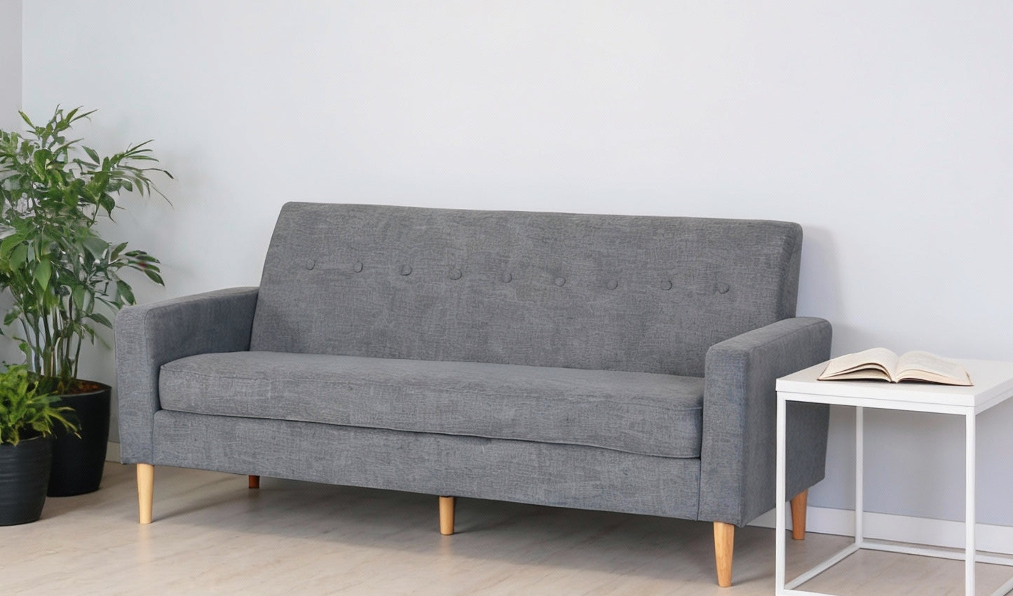 Modern Gray Upholstered Fabric 3-Seater Sofa with Wooden Legs