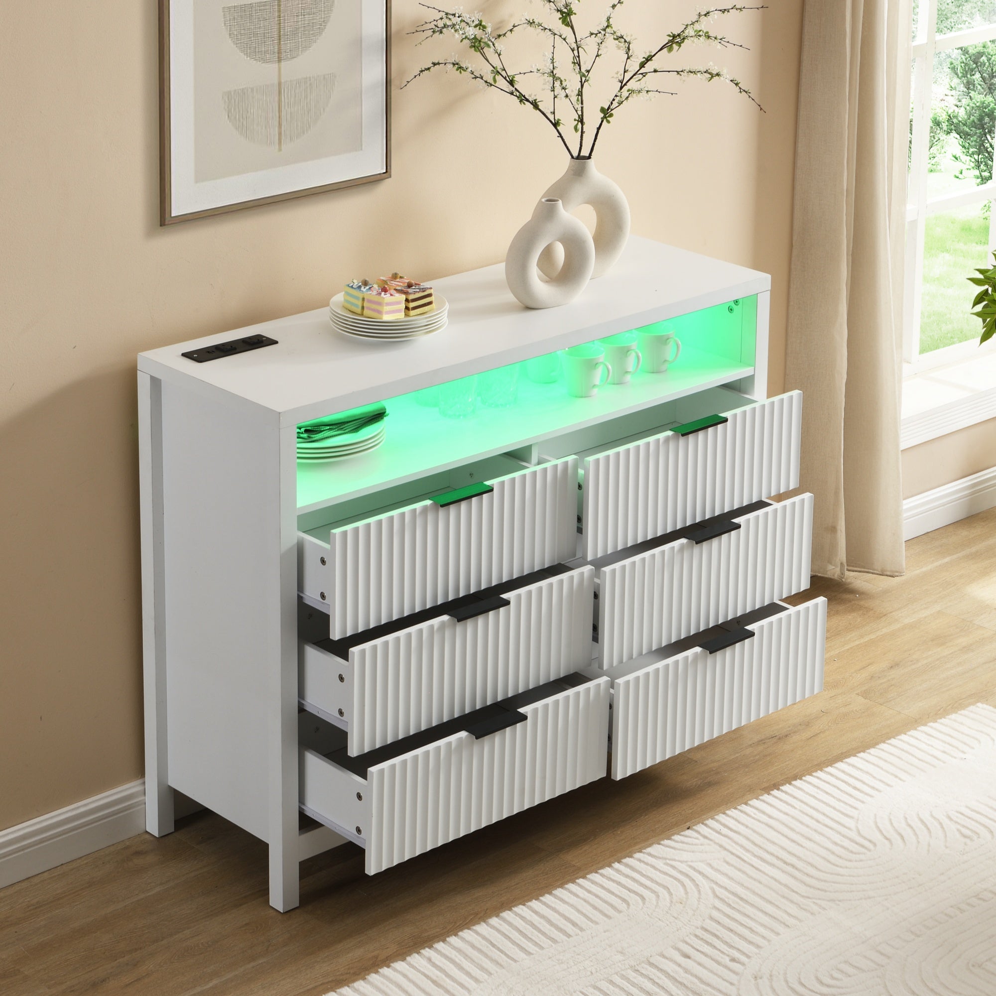 white dresser with led lights White Dresser for Bedroom with 6 Drawers, Power Outlet and LED Lights –  Eeeza Home AU