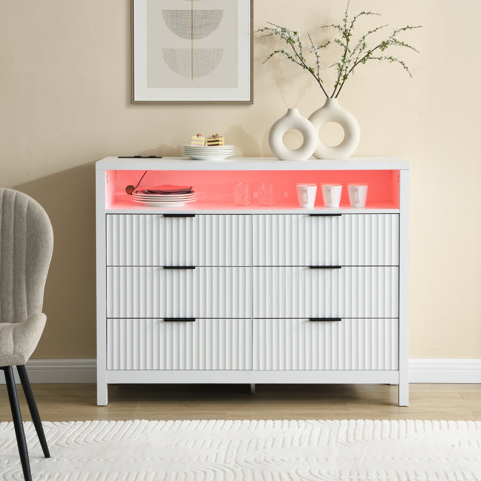 pink and white dresser White Dresser for Bedroom with 6 Drawers, Power Outlet and LED Lights – Eeeza Home AU