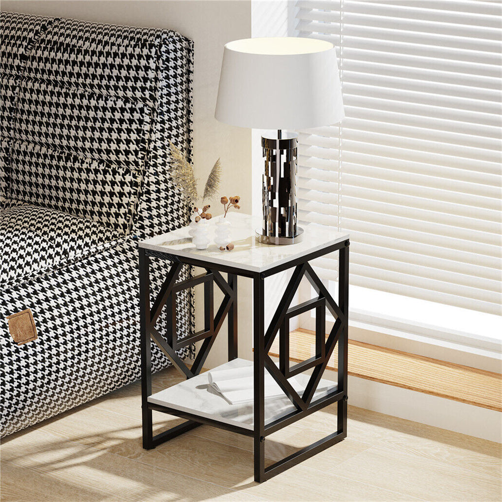 Marble Side Table Living Room End Accent Table Nightstand with Shelf