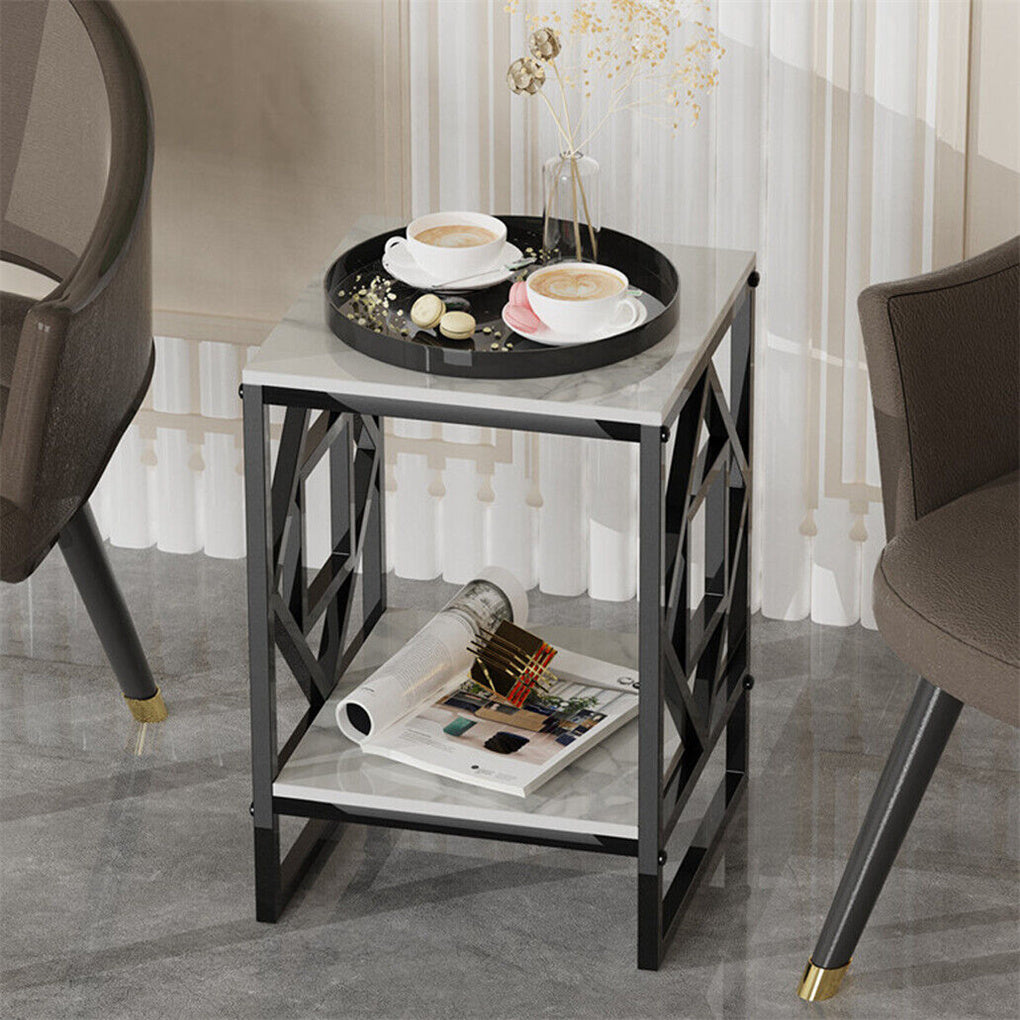 Marble Side Table Living Room End Accent Table Nightstand with Shelf