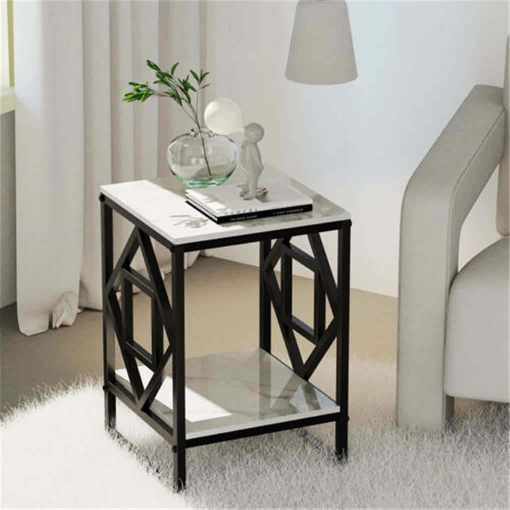 Marble Side Table Living Room End Accent Table Nightstand with Shelf