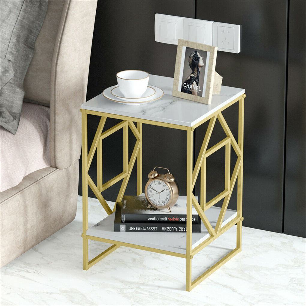 Marble Side Table Living Room End Accent Table Nightstand with Shelf