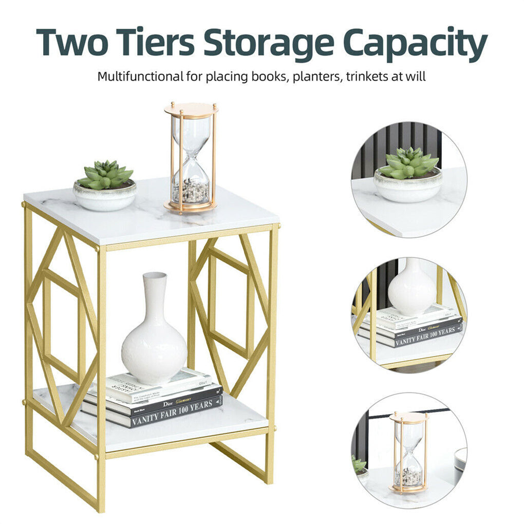 Marble Side Table Living Room End Accent Table Nightstand with Shelf