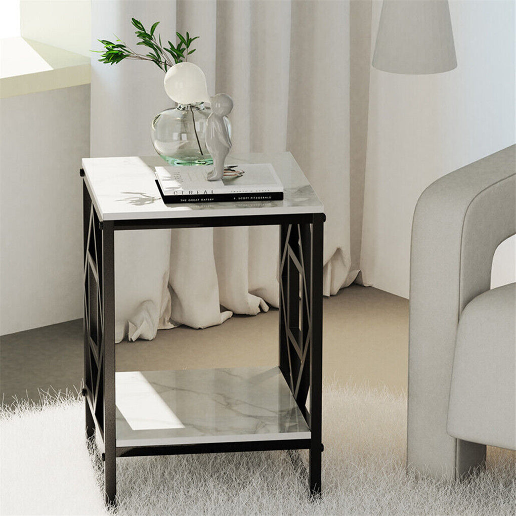 Marble Side Table Living Room End Accent Table Nightstand with Shelf