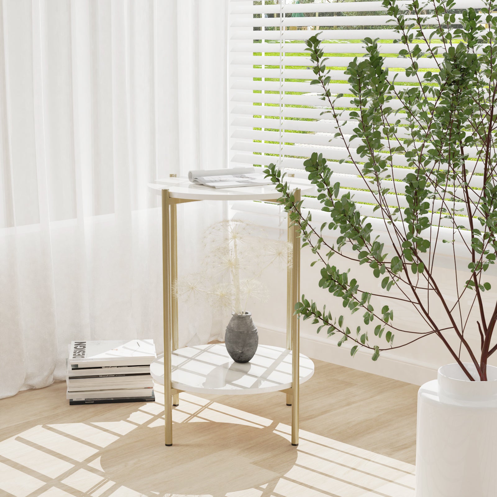 Marble Sofa Side Coffee Table 2 Tiers Round Nesting Table Gold Frame