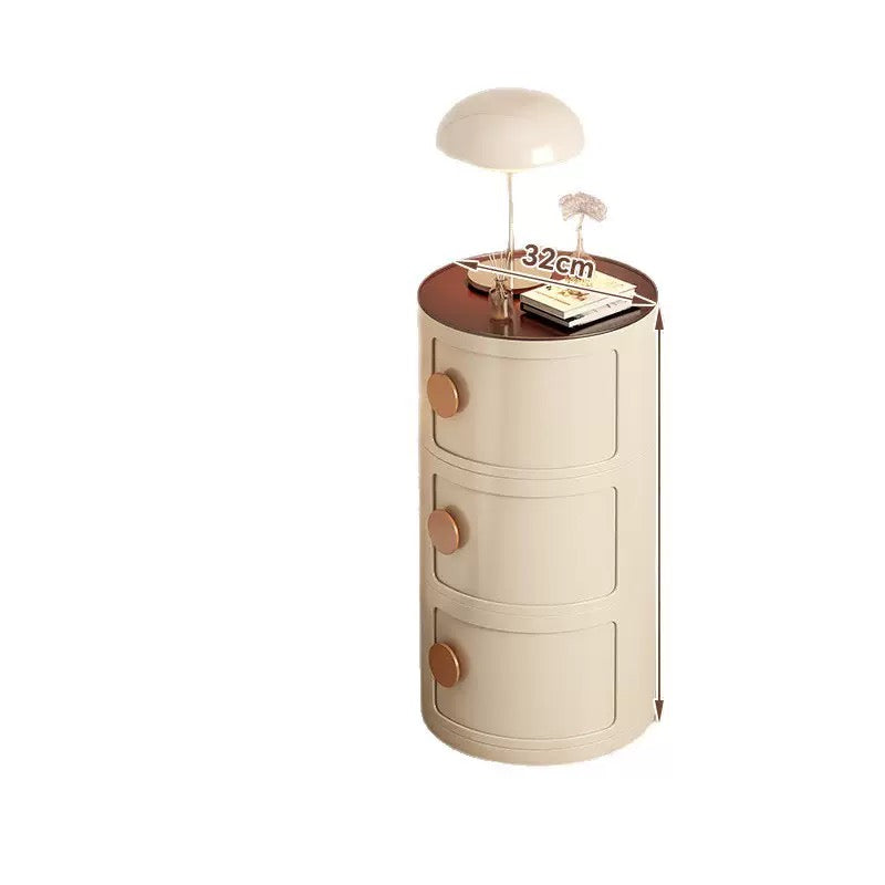 Beige Round Nightstand, Beige, Minimalist Modern, Three Drawers