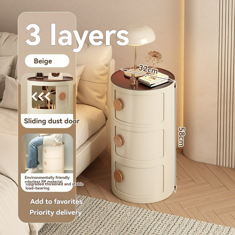 Beige Round Nightstand, Beige, Minimalist Modern, Three Drawers