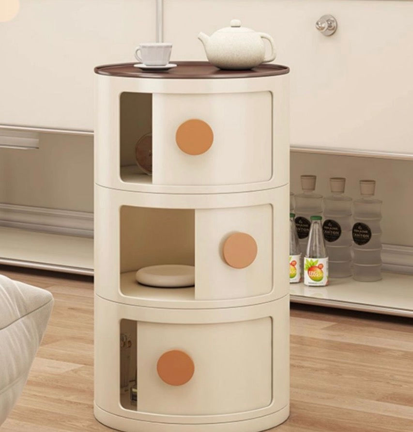 Beige Round Nightstand, Beige, Minimalist Modern, Three Drawers