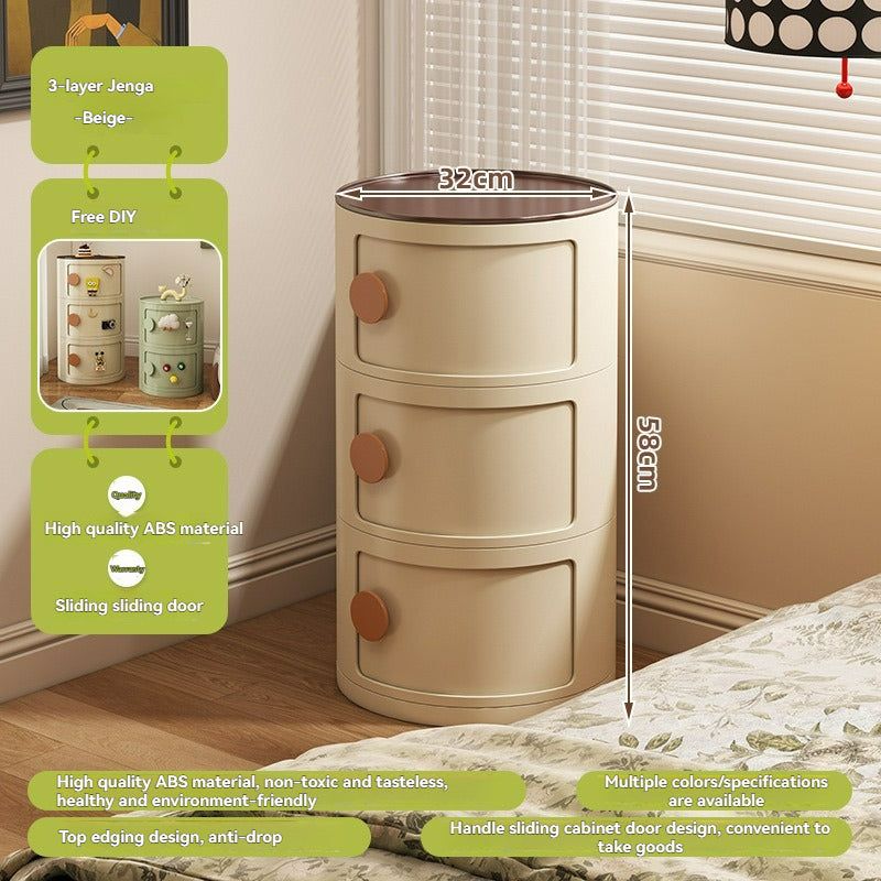 Beige Round Nightstand, Beige, Minimalist Modern, Three Drawers
