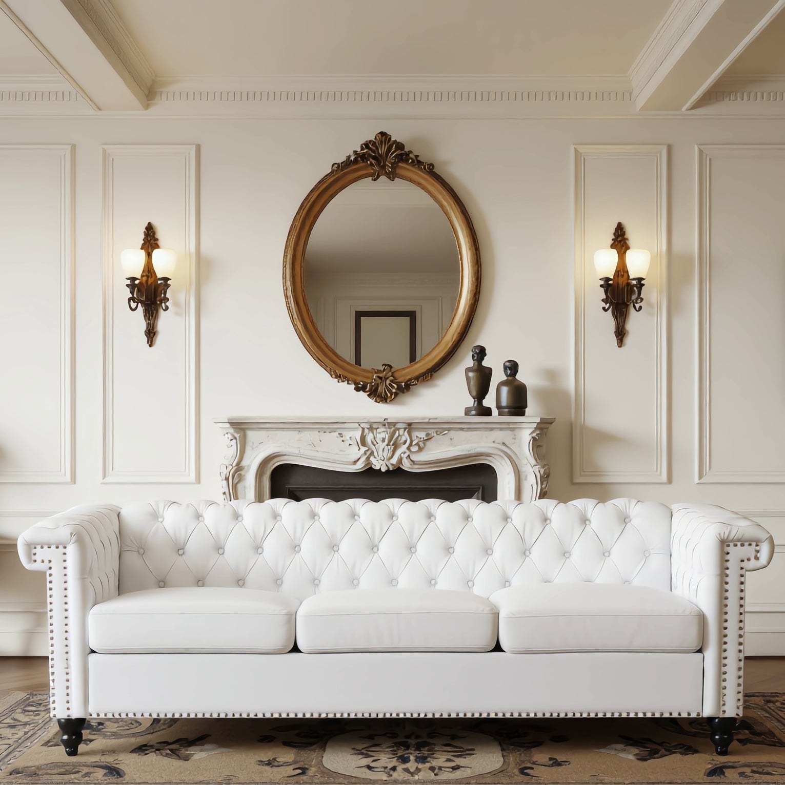 Chesterfield White PU Leather/Emerald Green Tufted 3-Seater Sofa