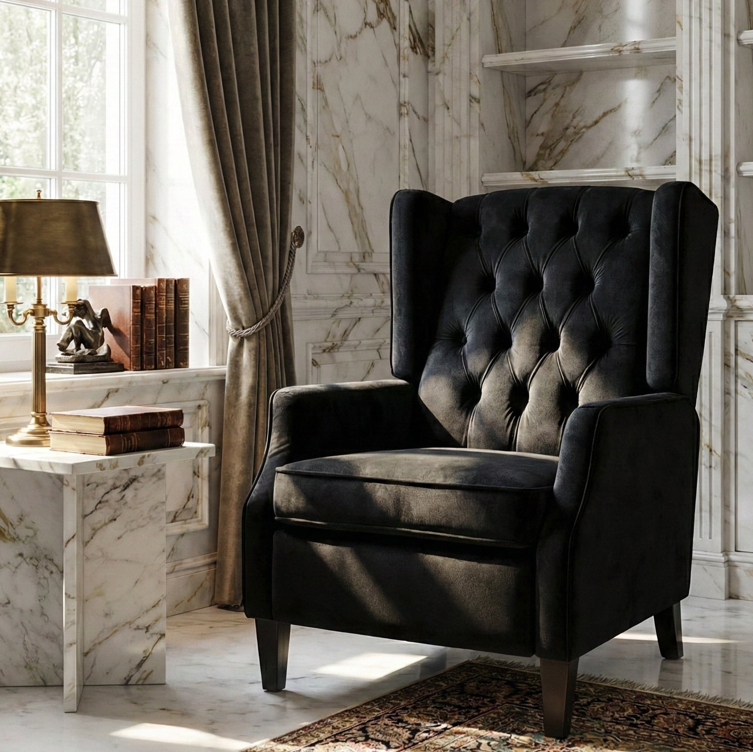Eeeza Classic High-Back Tufted Armchair, Wingback, Birch, Black