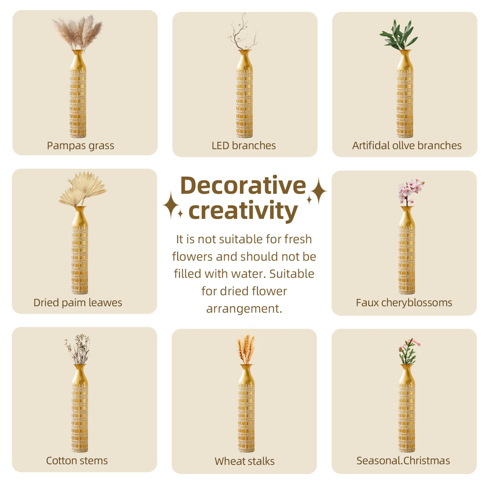 1PC Gold Metal Floor Vase with