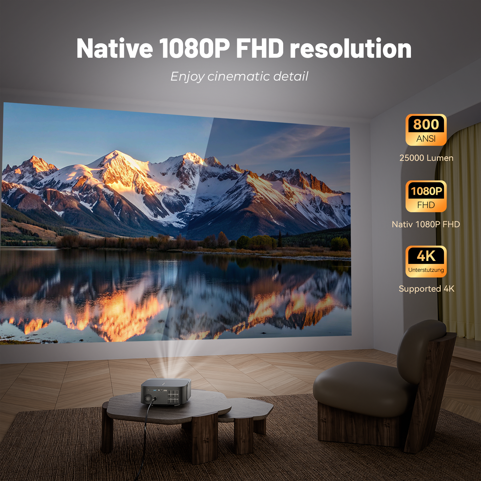 4K Projector 25000 Lumens 1080P Native Full HD with YouTube/Netflix