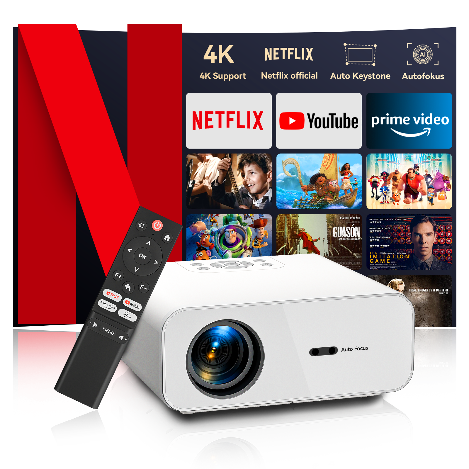 Projector 4K Auto Focus Support WiFi Bluetooth with Netflix/YouTube