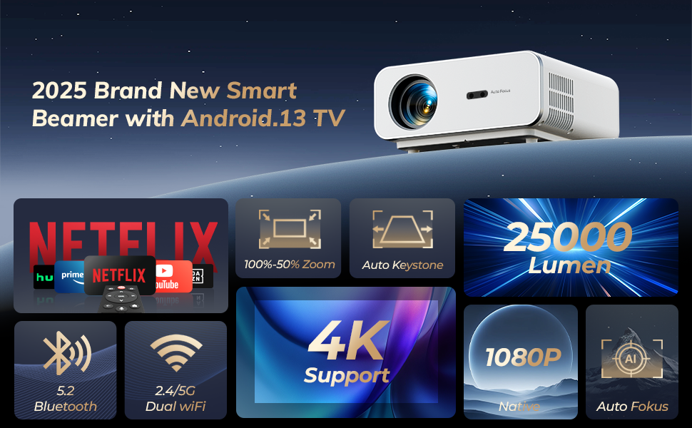 Projector 4K Auto Focus Support WiFi Bluetooth with Netflix/YouTube