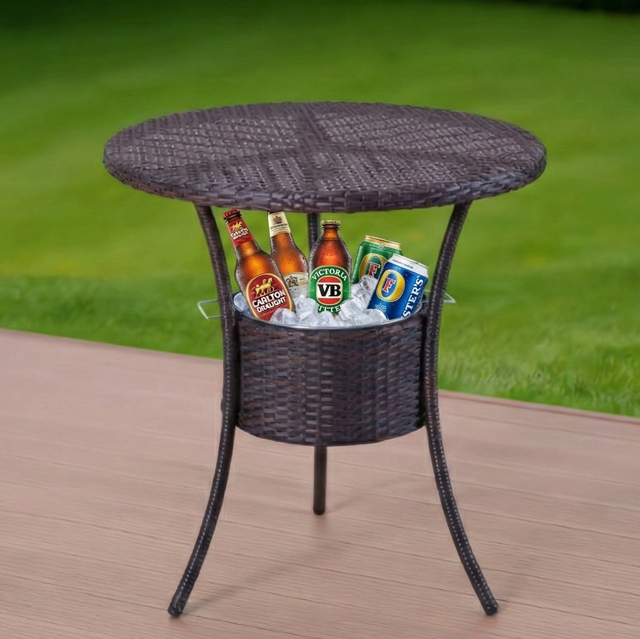 Stylish Round Outdoor Woven Rattan Side Table with Built-in Ice Bucket