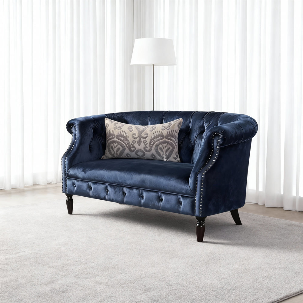Baroque Style Navy Blue Velvet Loveseat Sofa