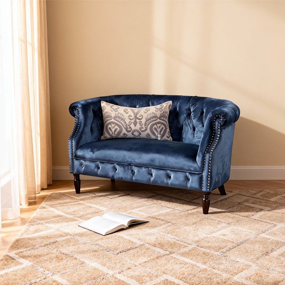 Baroque Style Navy Blue Velvet Loveseat Sofa