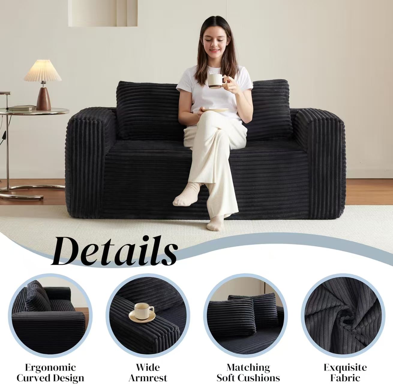 Boneless Deep Seat 2-Seater, No Assembly Foam Floor Couch, Plush Cordu