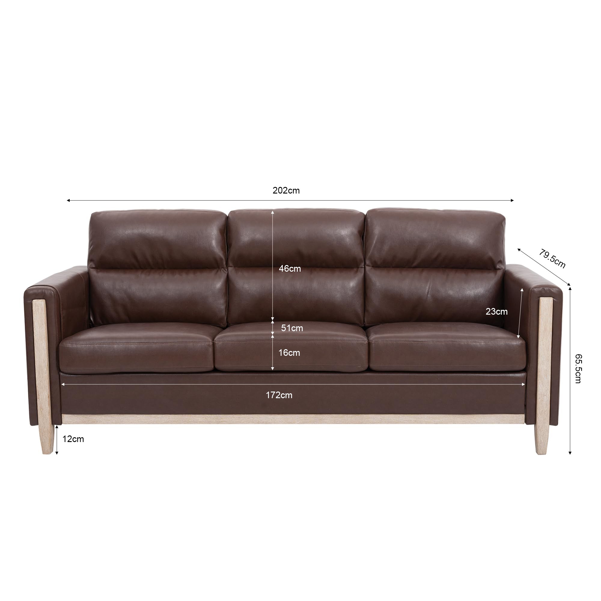 Modern Brown PU Leather 3-Seater Sofa with Storage Pocket
