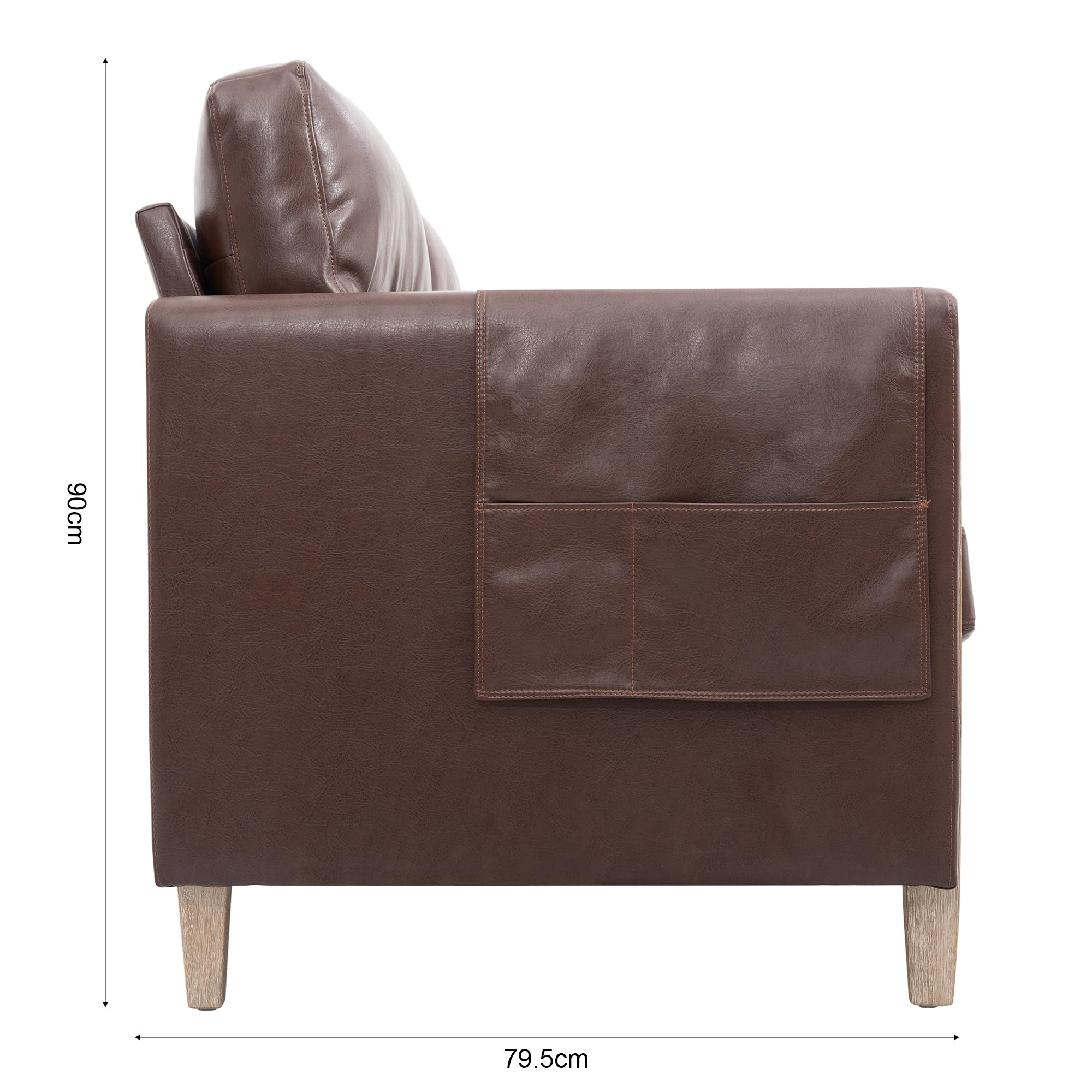 Modern Brown PU Leather 3-Seater Sofa with Storage Pocket