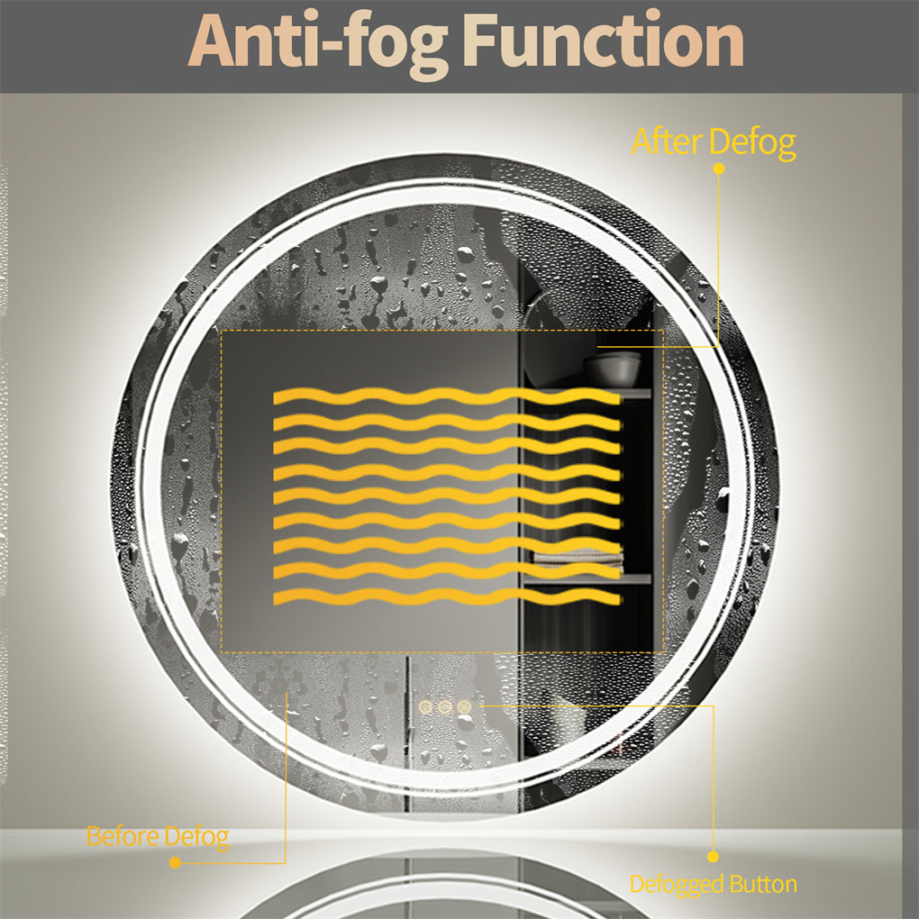 60/80/90CM Round LED Bathroom Mirror Dual Light Anti-fog Makeup Mirror