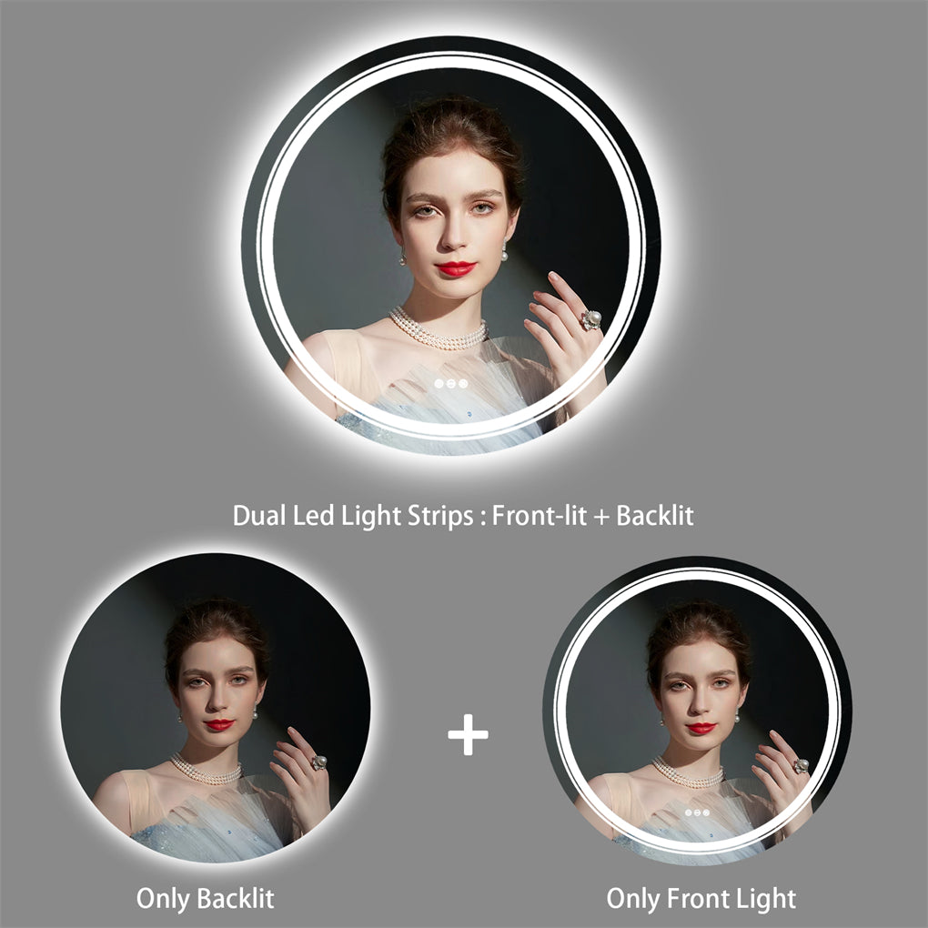 60/80/90CM Round LED Bathroom Mirror Dual Light Anti-fog Makeup Mirror