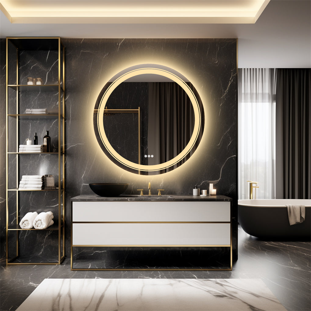 60/80/90CM Round LED Bathroom Mirror Dual Light Anti-fog Makeup Mirror