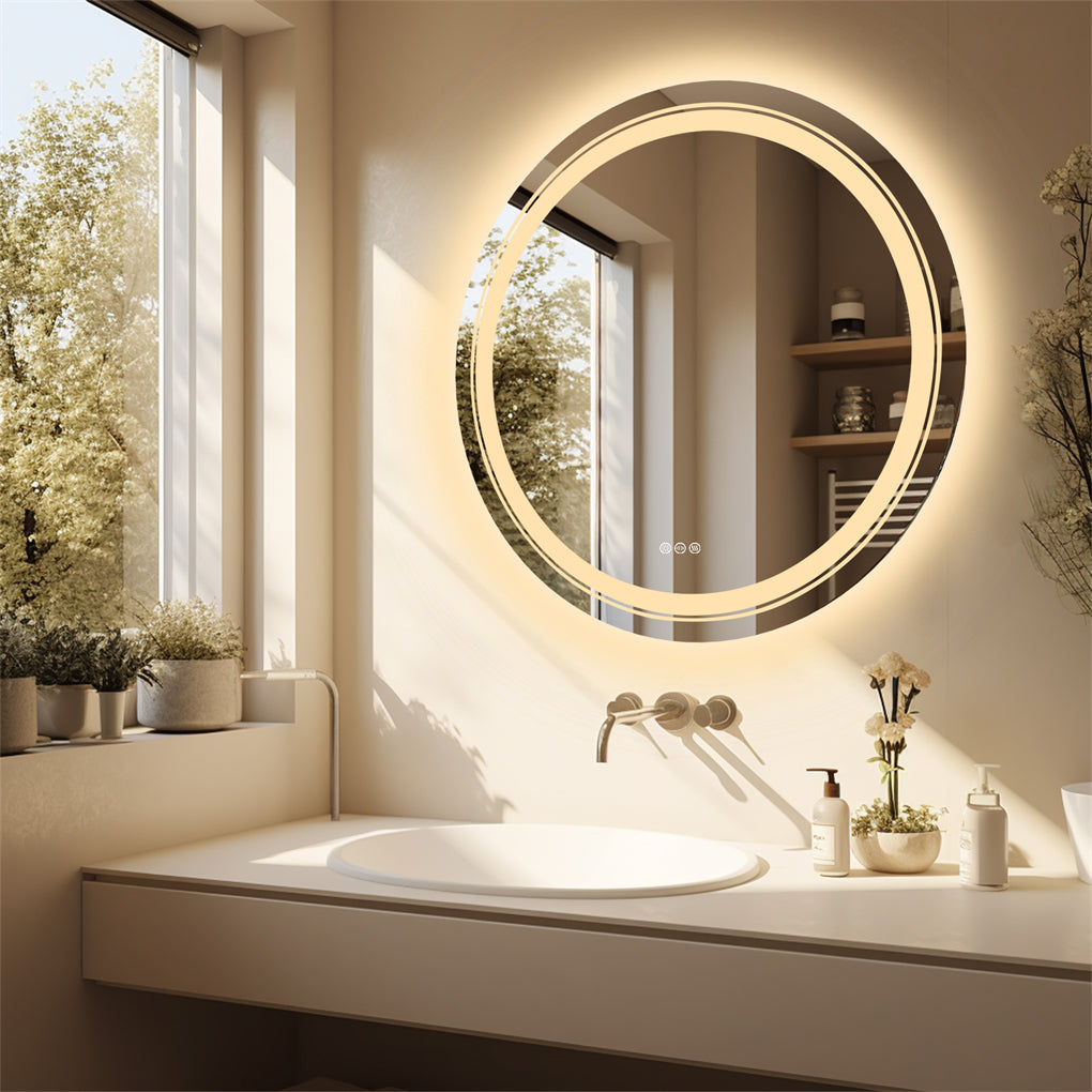 60/80/90CM Round LED Bathroom Mirror Dual Light Anti-fog Makeup Mirror