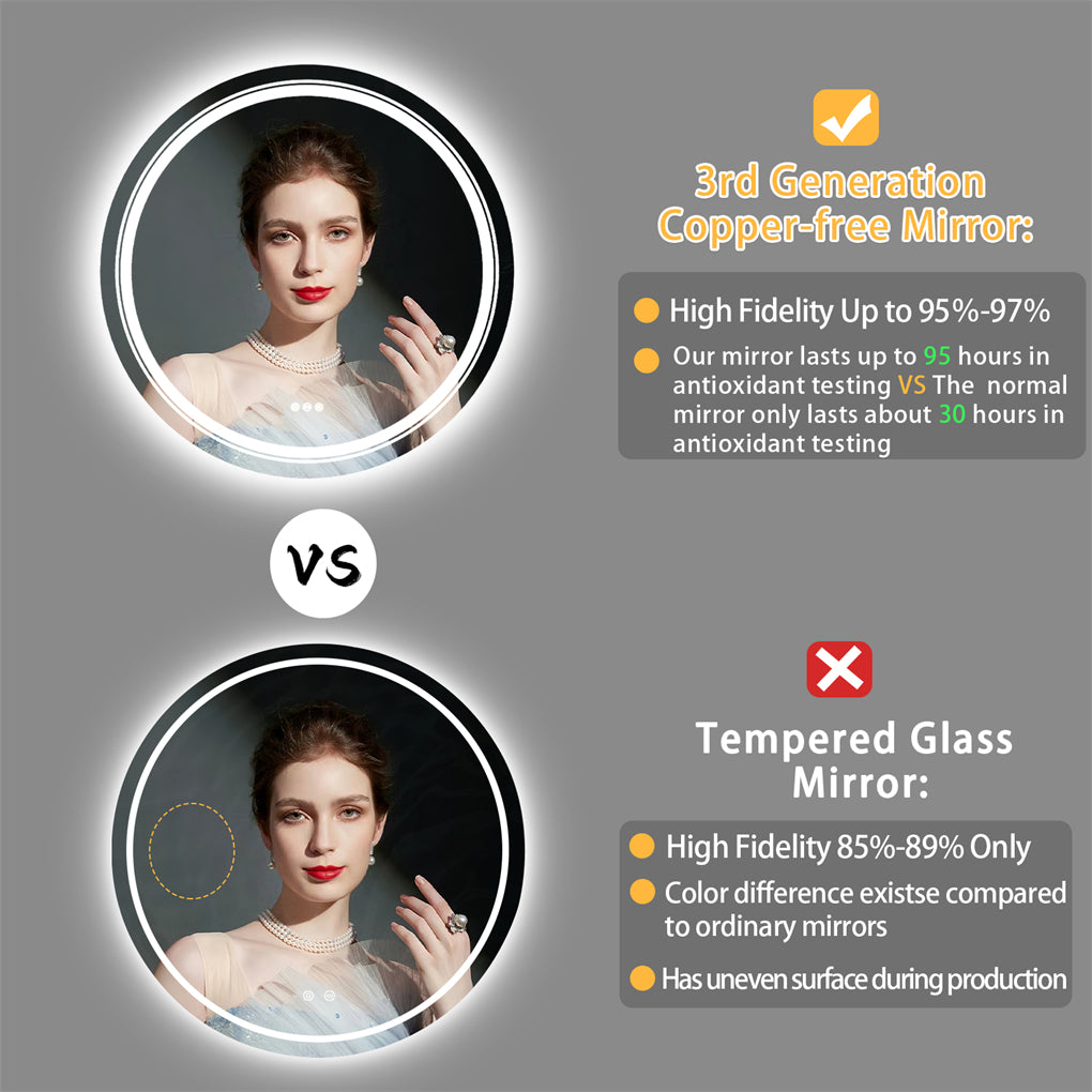 60/80/90CM Round LED Bathroom Mirror Dual Light Anti-fog Makeup Mirror