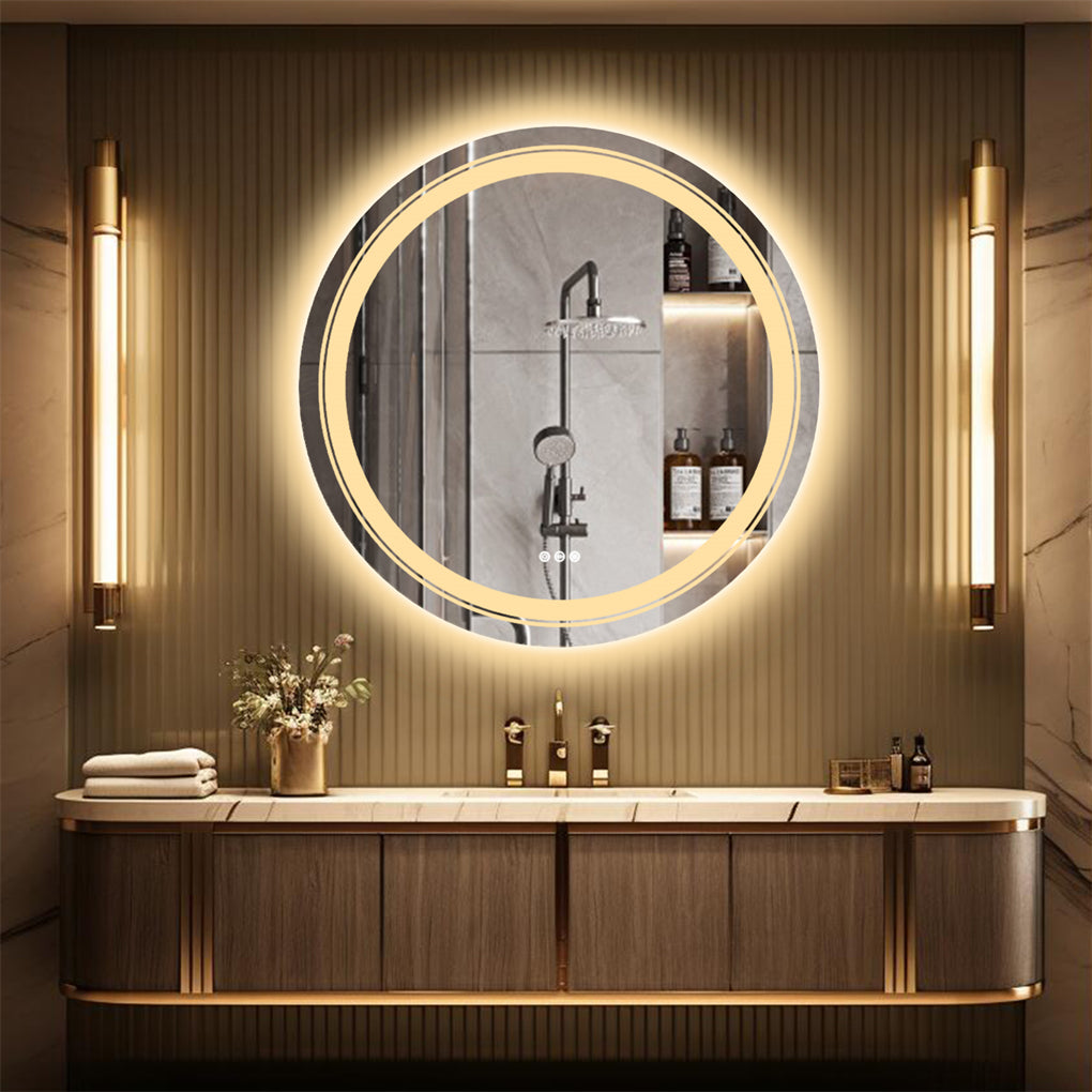 60/80/90CM Round LED Bathroom Mirror Dual Light Anti-fog Makeup Mirror