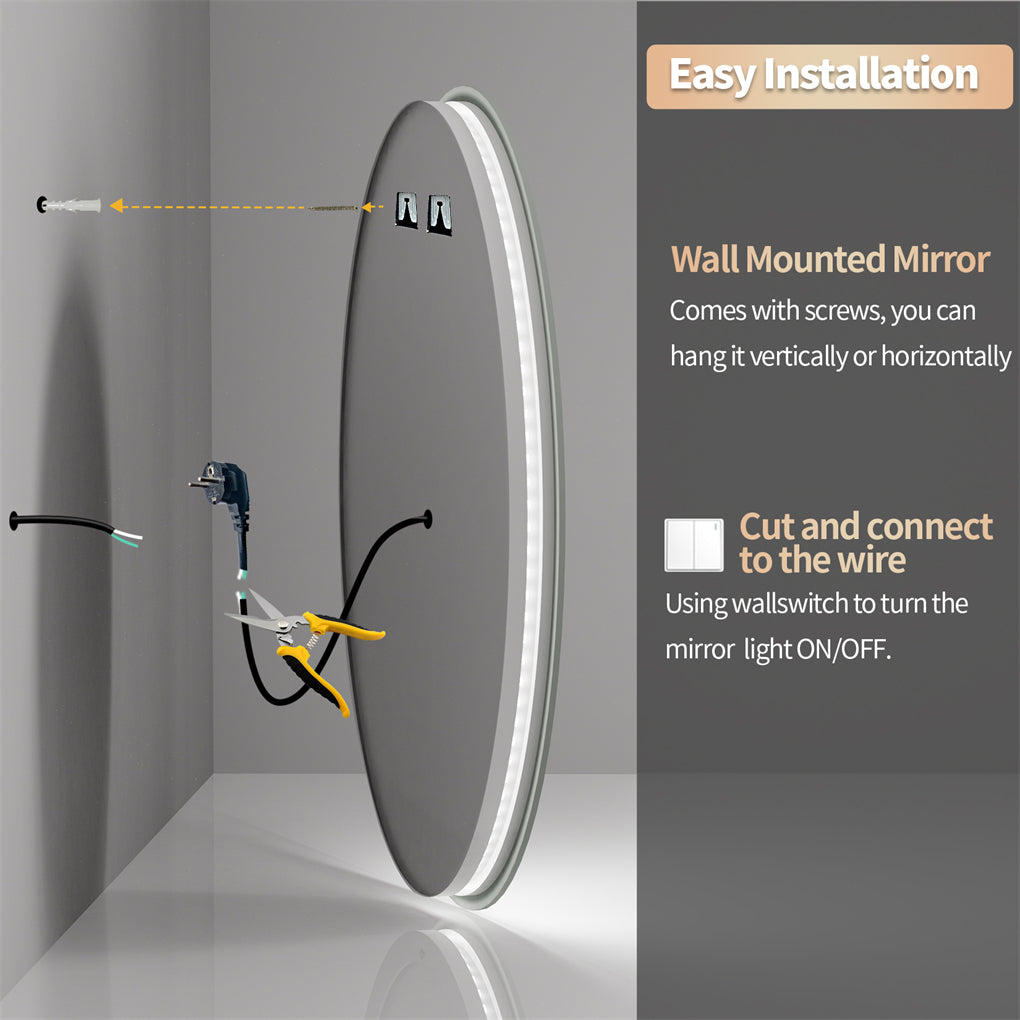 60/80/90CM Round LED Bathroom Mirror Dual Light Anti-fog Makeup Mirror