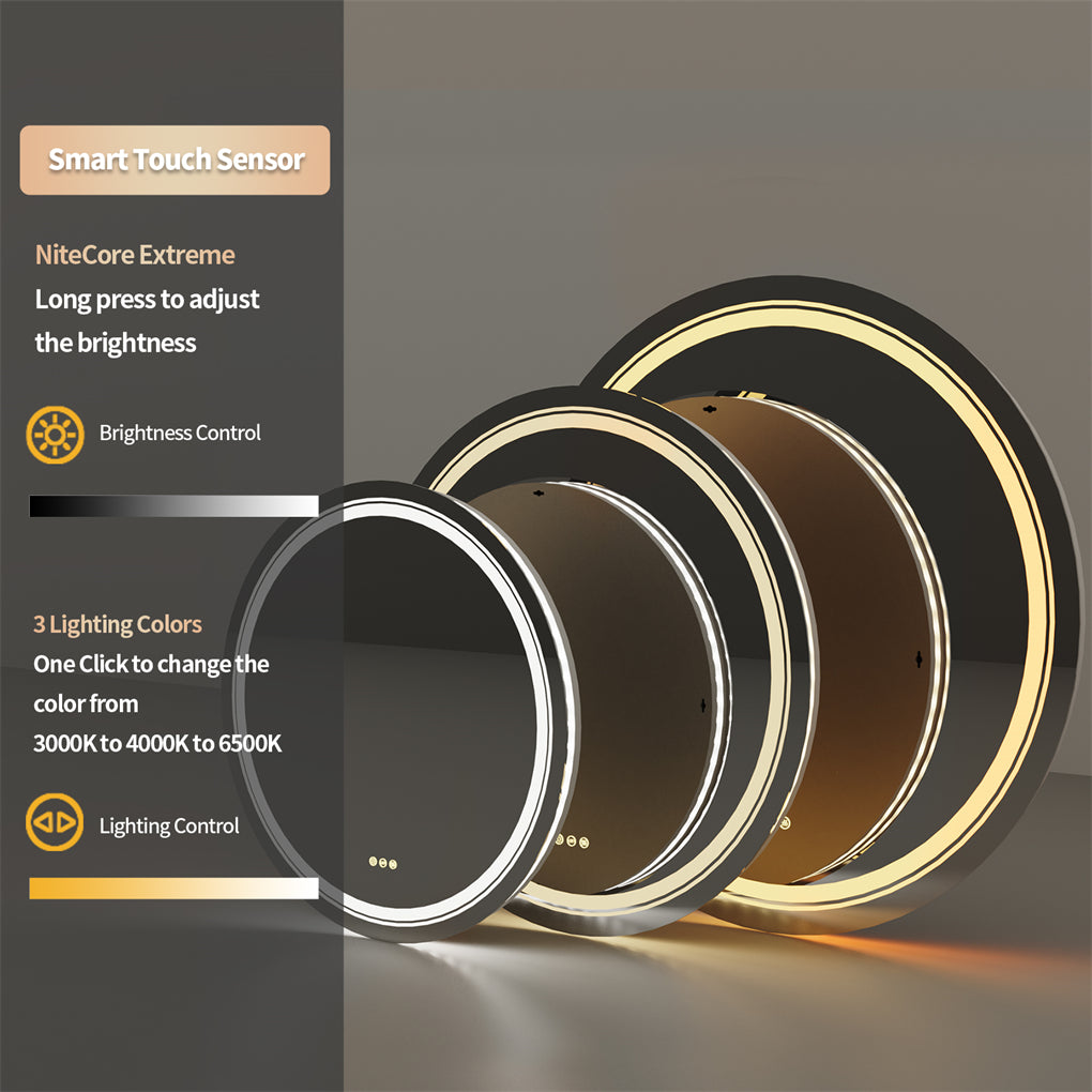 60/80/90CM Round LED Bathroom Mirror Dual Light Anti-fog Makeup Mirror