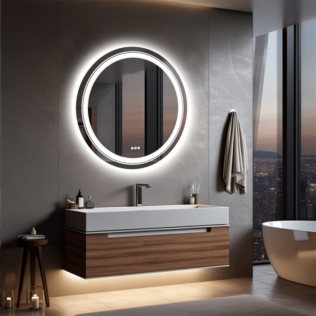 60/80/90CM Round LED Bathroom Mirror Dual Light Anti-fog Makeup Mirror