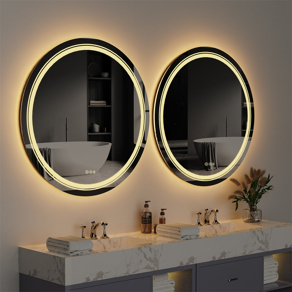 60/80/90CM Round LED Bathroom Mirror Dual Light Anti-fog Makeup Mirror