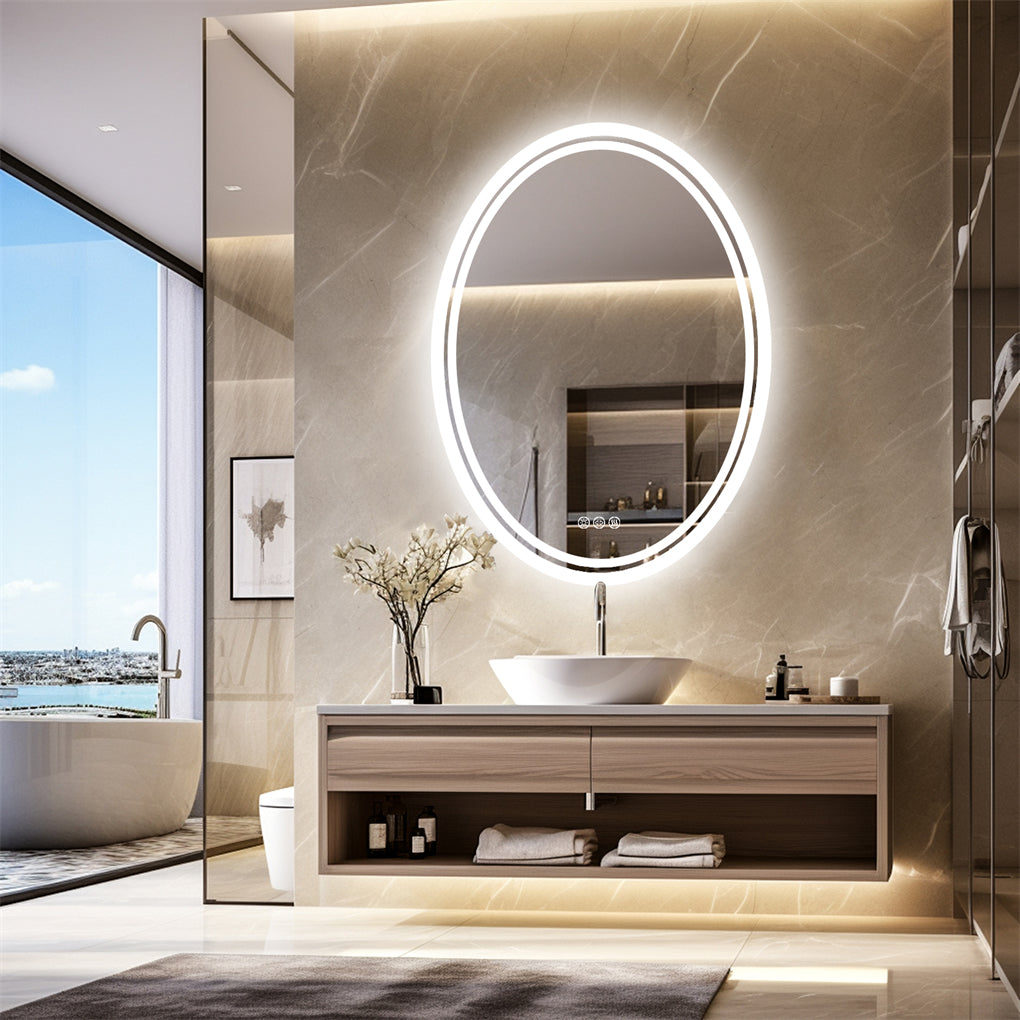 Dual Lights LED Oval Bathroom Mirror Anti-fog HD Hotel Makeup Mirror