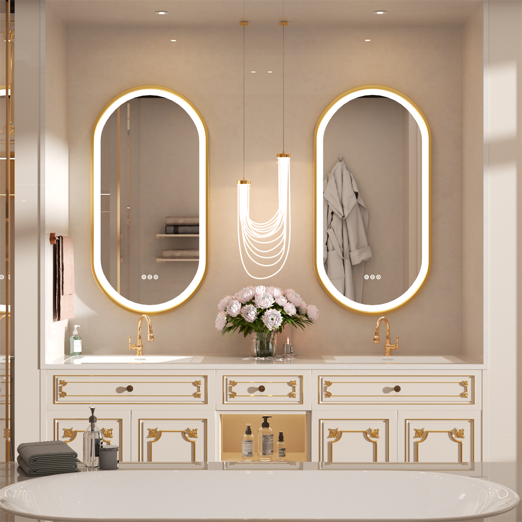 Gold Frame Oval LED Bathroom Mirror Anti-Fog Smart Vanity Mirror