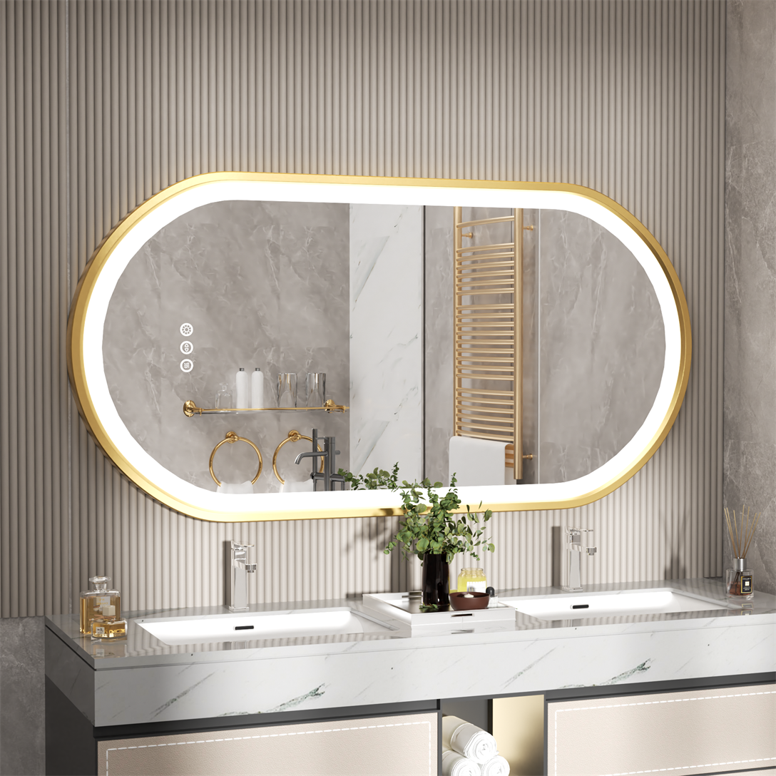 Gold Frame Oval LED Bathroom Mirror Anti-Fog Smart Vanity Mirror