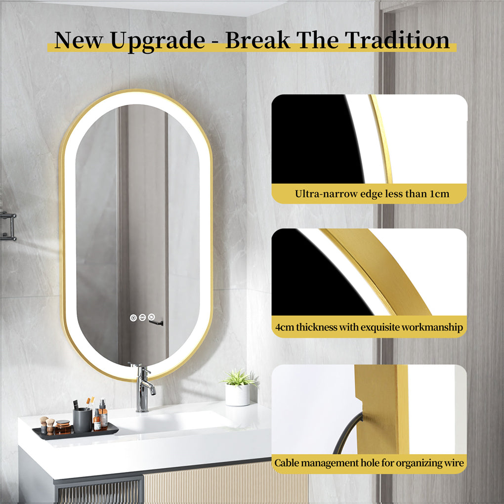 Gold Frame Oval LED Bathroom Mirror Anti-Fog Smart Vanity Mirror