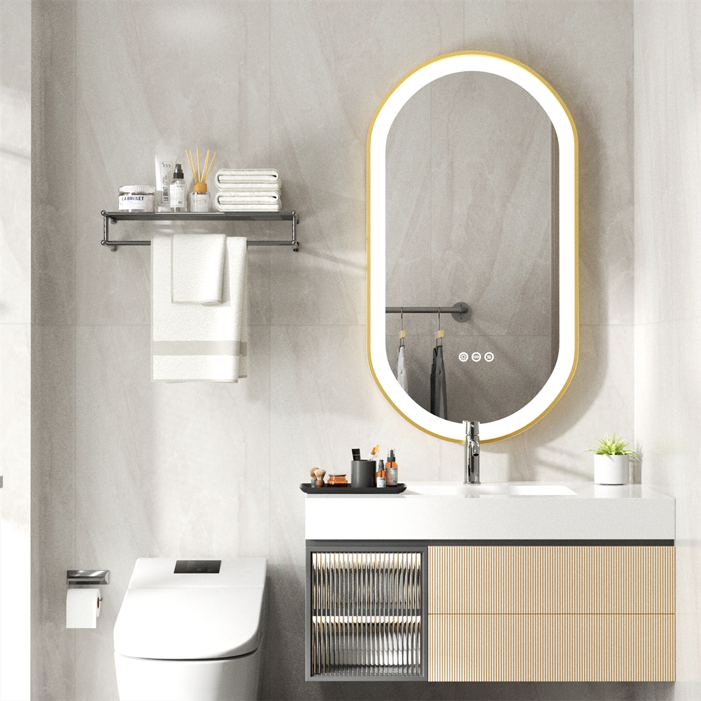 Gold Frame Oval LED Bathroom Mirror Anti-Fog Smart Vanity Mirror