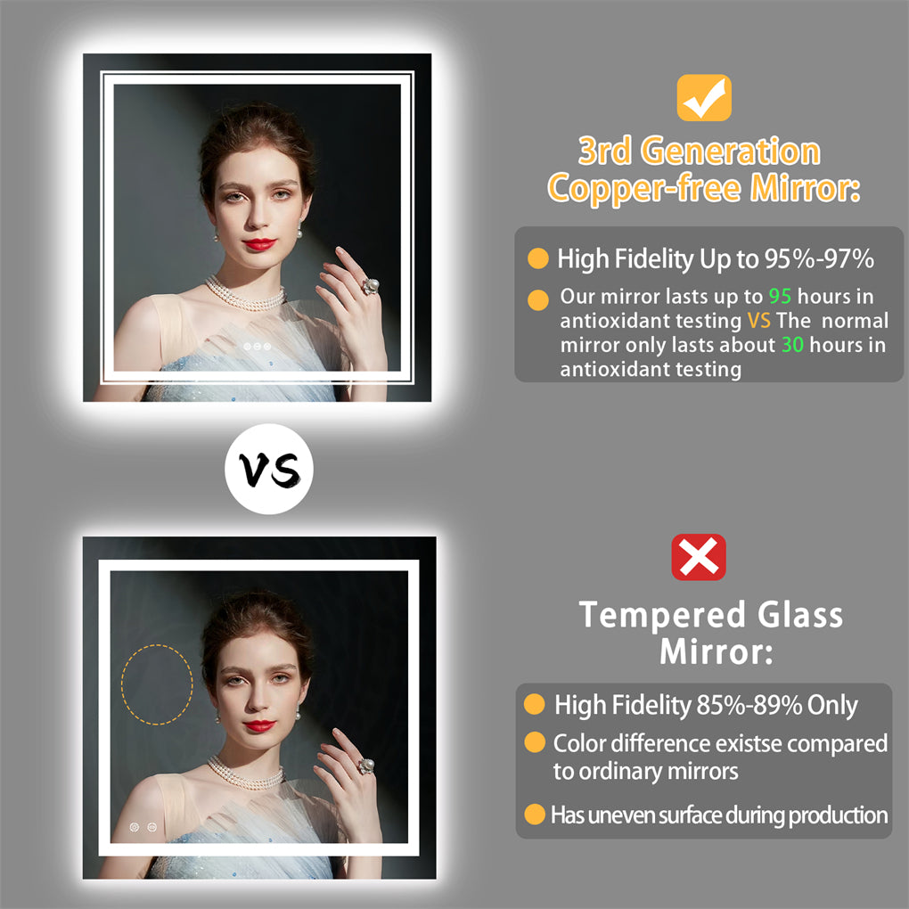 80cm Square LED Bathroom Mirror Dual Lights Anti-fog Makeup Mirror